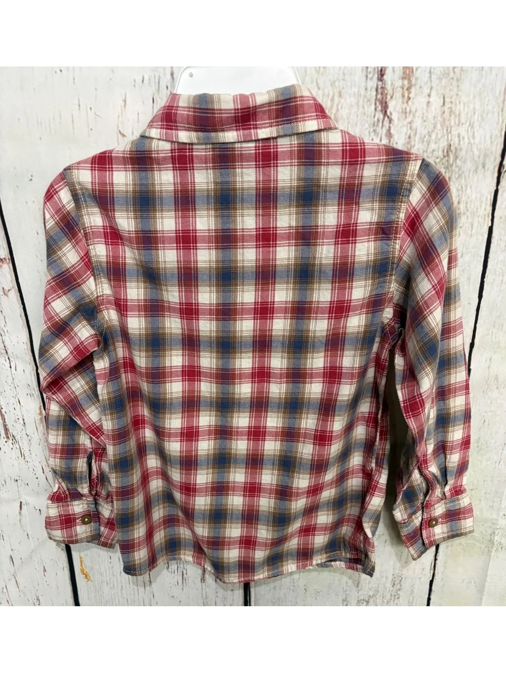 Nautica Boys' Size 5 Red, Blue, and Tan Plaid Long Sleeve Cotton Button-Up Shirt